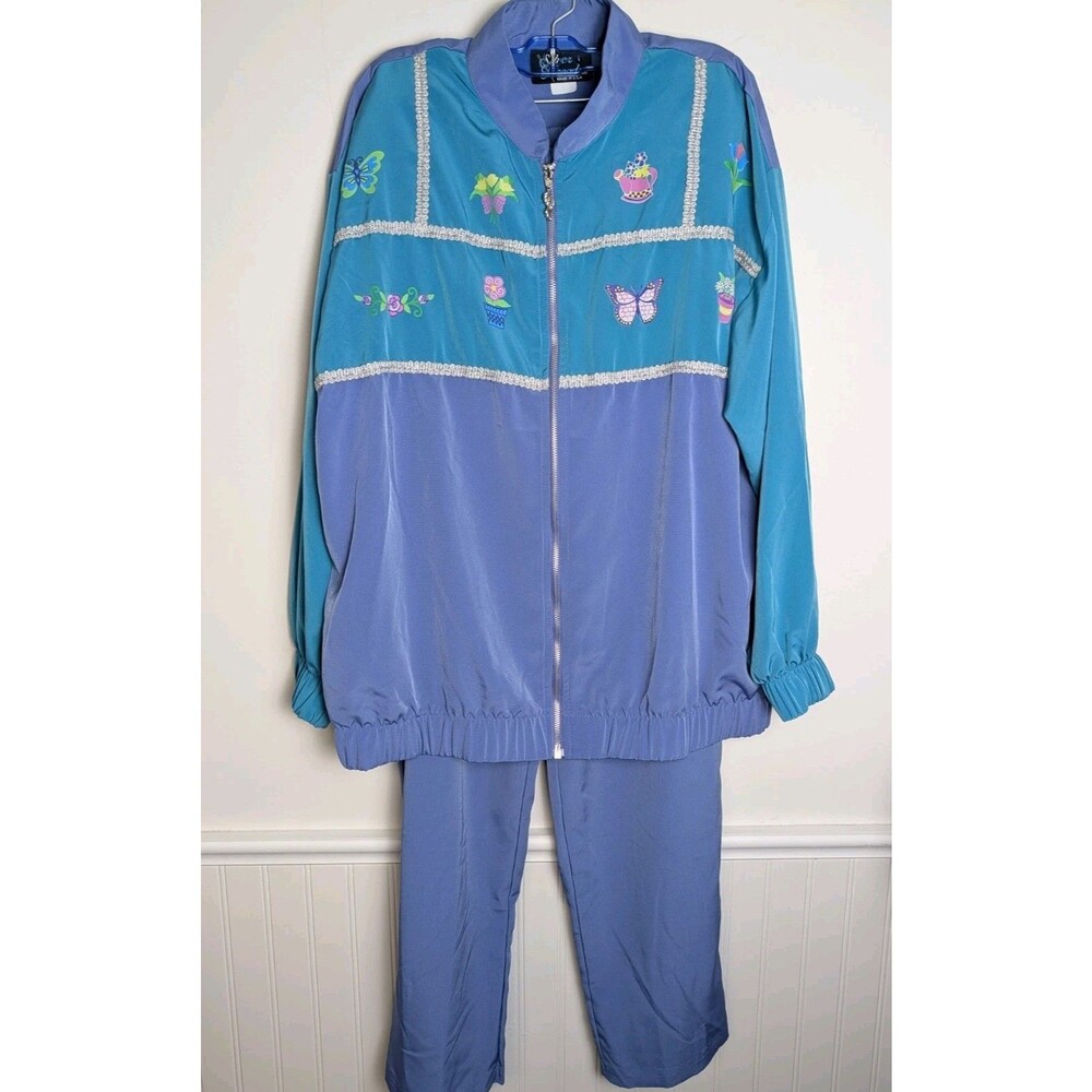 Womens Silver Threads 2 Piece Colorblock Pant & Jacket Set Size L 80s Tracksuit